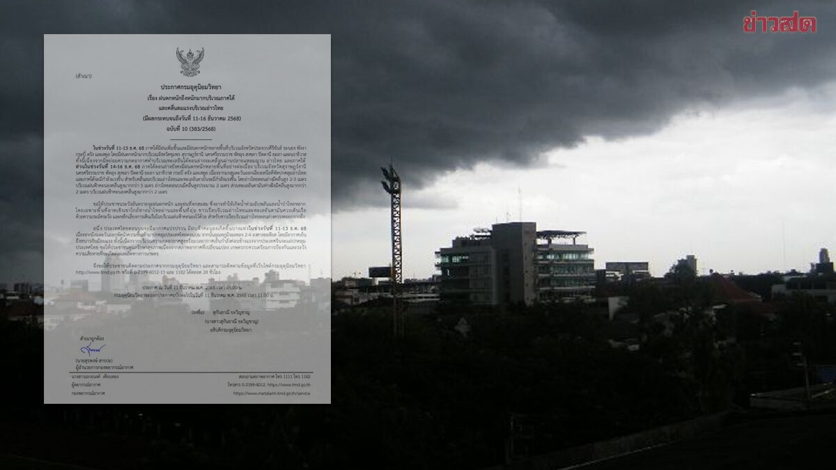 กรมอุตุนิยมวิทยา ประกาศฉบับ11 เตือน ฝนตกหนักถึงหนักมาก เตรียมรับมือลมหนาวอีกระลอก