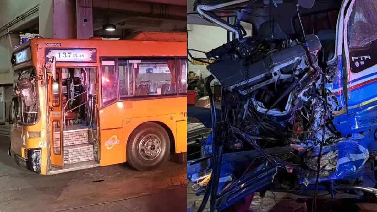 ระทึก รถเมล์คันเร่งค้างพุ่งเสยรถดับเพลิง ใต้อาคารจอดรถ MRT เจ็บระนาว11ราย
