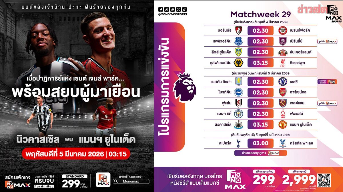 พรีเมียร์ ลีก กลางสัปดาห์เดือดๆ แมนยู เยือน สาลิกา Monomax สดทุกคู่