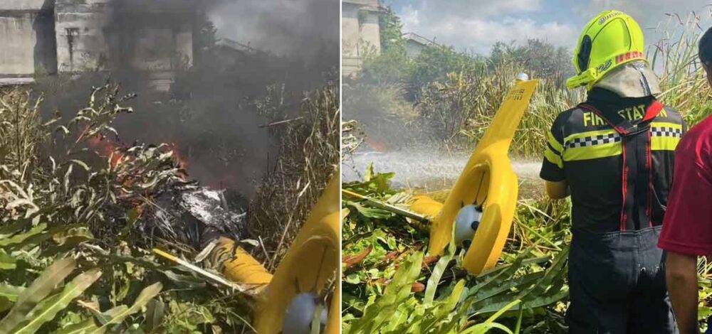 เปิดภาพ เฮลิคอปเตอร์ ตกไฟลุกไหม้ ใกล้ศูนย์ซ่อมรถไฟฟ้า BTS จ.สมุทรปราการ