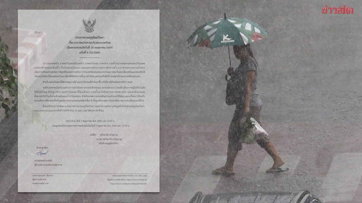 กรมอุตุฯ ประกาศฉบับ4 เตือน อากาศแปรปรวน ฝนถล่มหนัก น้ำท่วม