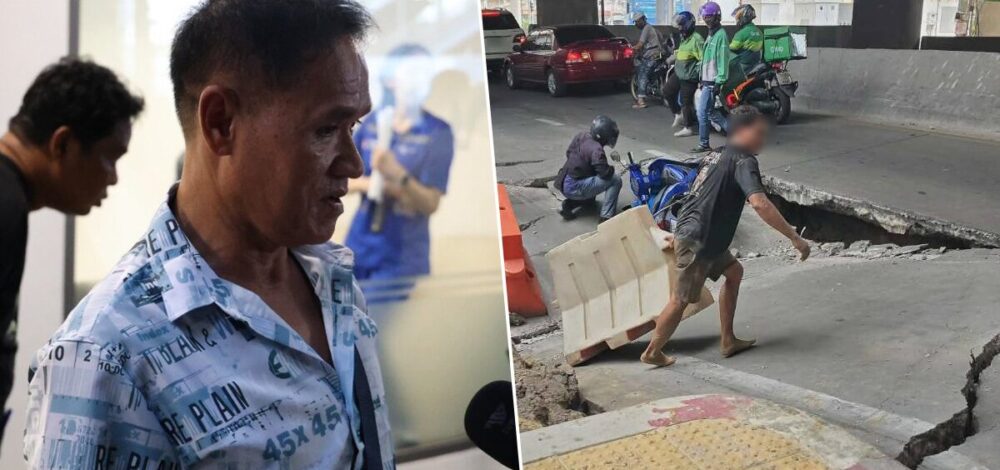 เห็นเหตุการณ์พอดี ถนนทรุด แยกไฟฉาย เสียงดังสนั่นเหมือนบางอย่างถล่ม