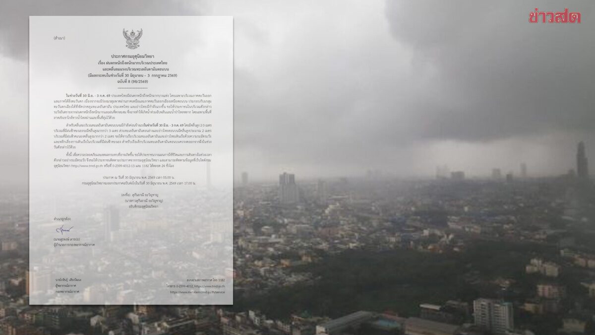 กรมอุตุฯ ประกาศฉบับที่ 8 เตือน ฝนตกหนักถึงหนักมาก ระวังอันตราย