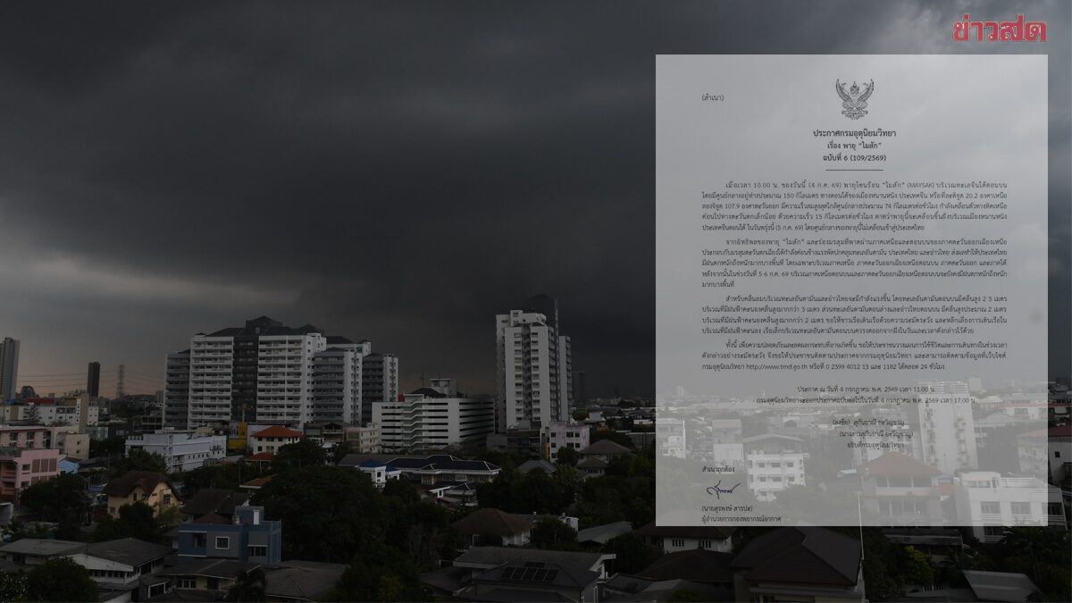 กรมอุตุนิยมวิทยา เตือนฉบับที่ 6 พายุไมสัก ทำฝนตกหนักถึงหนักมาก เปิดชื่อจังหวัดโดนถล่ม