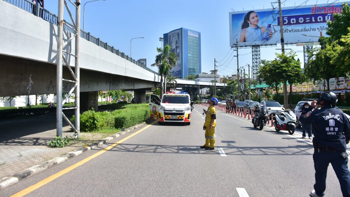 ชายก่อเหตุสลดบนป้ายกลางถนนพระราม3 ปิดถนน โรยตัวเก็บกู้ร่าง