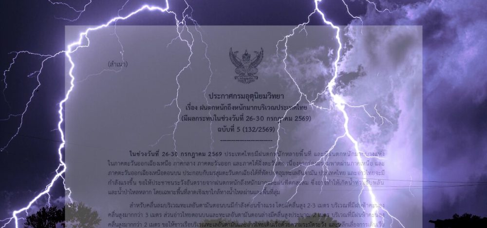 เปิดชื่อจังหวัดโดนเต็มๆ กรมอุตุนิยมวิทยา เตือนฉบับที่ 5 ฝนตกหนักถึงหนักมาก เริ่มวันพรุ่งนี้