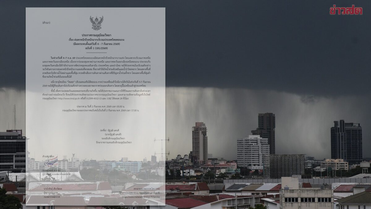กรมอุตุฯ ประกาศฉบับที่ 1 เตือน ฝนตกหนักถึงหนักมาก รับมือ 4-7 ก.ย.นี้
