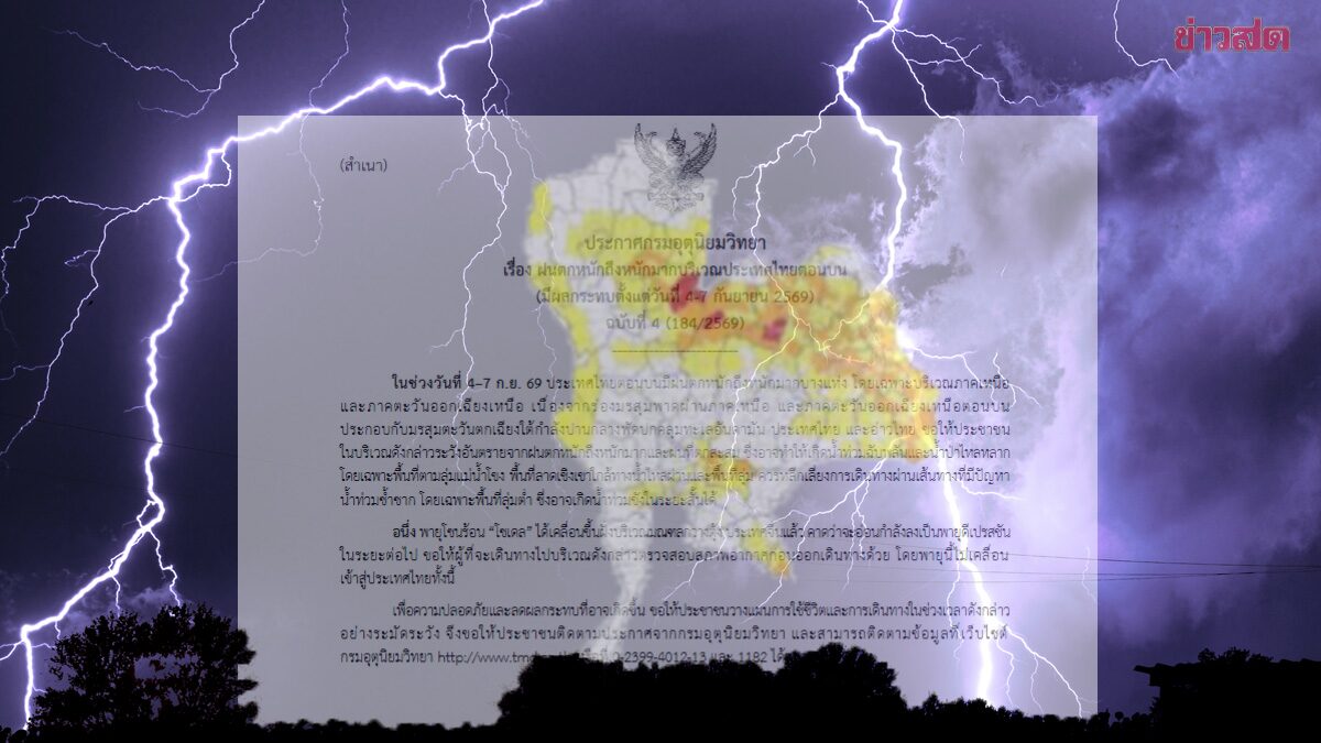เริ่มถล่มพรุ่งนี้ 4 วัน กรมอุตุนิยมวิทยา เตือนฉบับที่ 4 ฝนตกหนักมาก เปิดชื่อจังหวัดโดนเต็มๆ