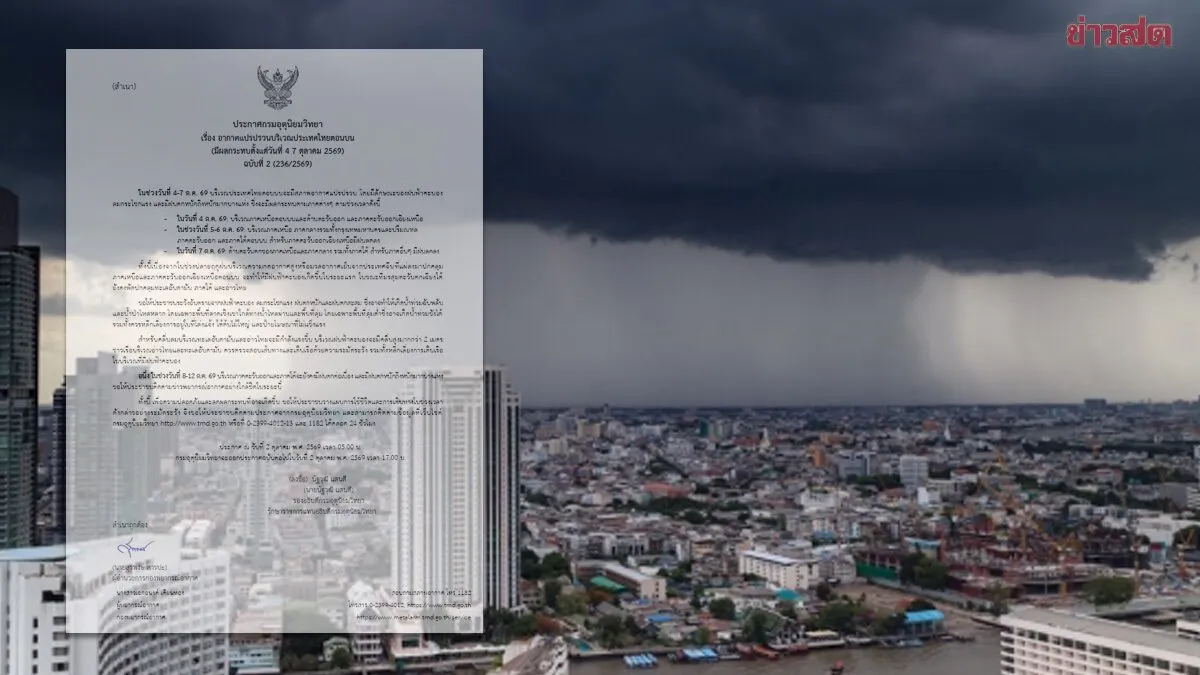 กรมอุตุฯ ประกาศฉบับ2 เตือน อากาศแปรปรวน 4-7 ต.ค.นี้ ฝนตกหนักมาก