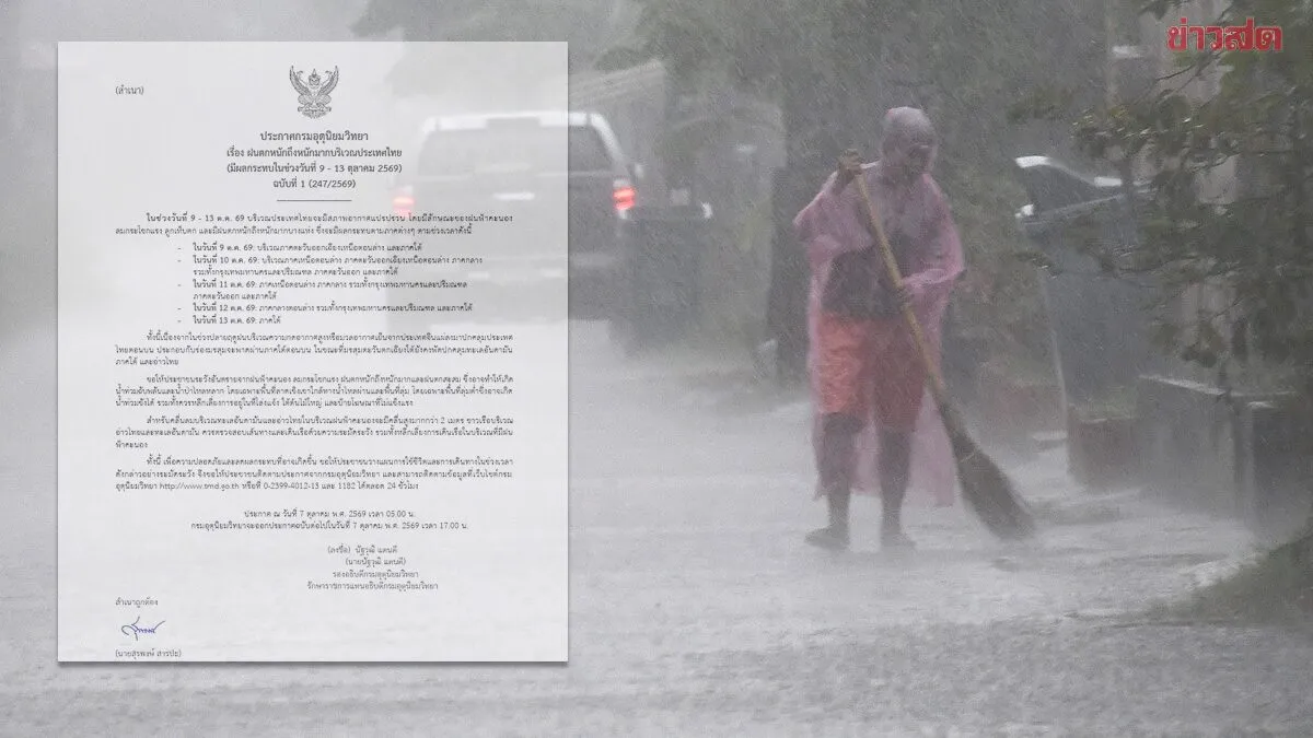กรมอุตุฯ ประกาศฉบับที่ 1 ฝนตกหนักถึงหนักมาก ระลอกใหม่ 9-13 ต.ค.นี้