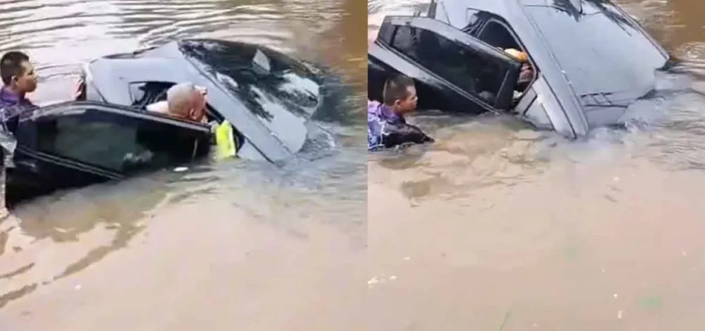 4ชีวิตระทึก คนขับเกิดอาการชักเกร็ง ควบคุมรถไม่อยู่ เสียหลักพุ่งตกน้ำข้างทาง จมเกือบมิดคัน