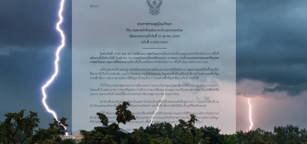 เปิดชื่อจังหวัดไหนโดนถล่มบ้าง กรมอุตุนิยมวิทยา เตือนฉบับที่ 6 ฝนตกหนักถึงหนักมาก